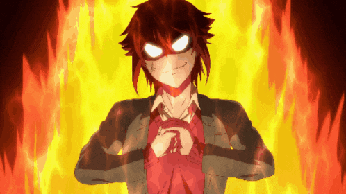 a cartoon character is surrounded by flames and looks angry