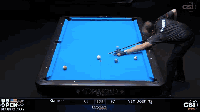 a pool game is being played between van boening and klamco