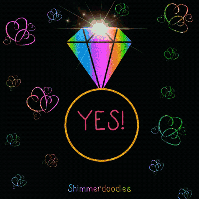 a rainbow diamond in a gold ring with the word yes