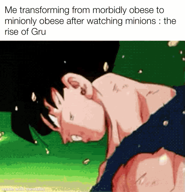 a cartoon of a man transforming from morbidly obese to minionly obese after watching minions