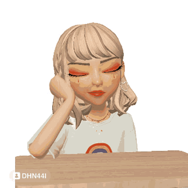 a girl with a rainbow on her shirt is sitting at a table with dhn441 written below her