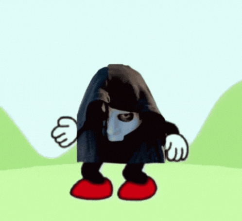 a cartoon character holding a knife and wearing a black hood