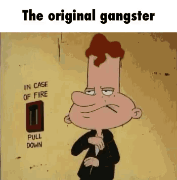 a cartoon character is holding a knife in front of a fire extinguisher .