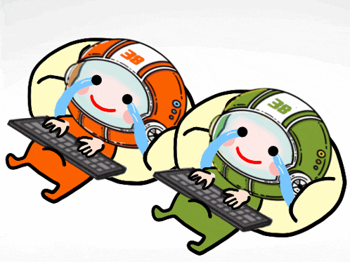 two cartoon characters wearing helmets with eb on them