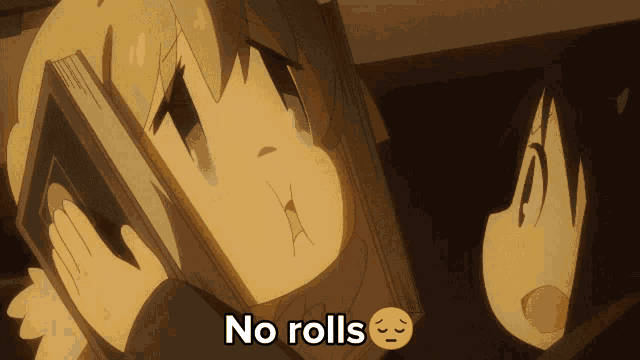 a cartoon of a girl holding a book with the words no rolls below it