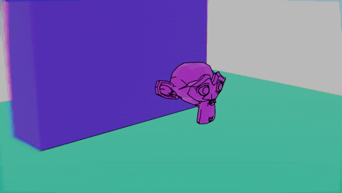 a cartoon drawing of a purple monkey with a blue box in the background