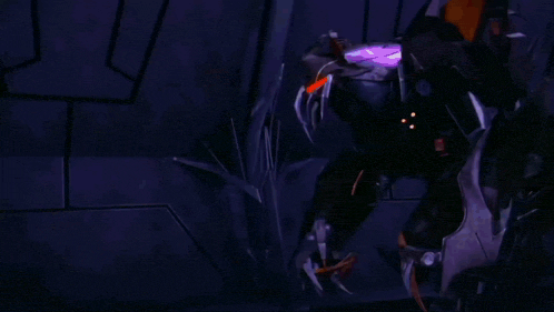 a robot is standing in a dark room with purple lights behind it