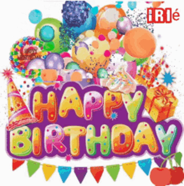 a colorful happy birthday greeting card with balloons and presents