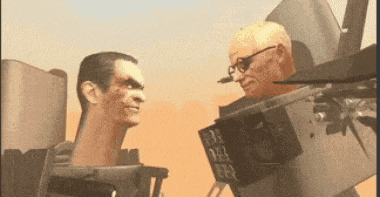 two men are standing next to each other in a video game and one of them has a long neck .