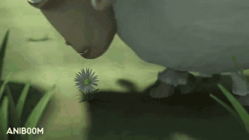 a cartoon sheep is sniffing a daisy in the grass