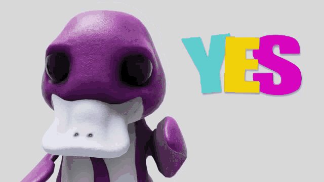 a purple and white cartoon dolphin with the word yes behind it