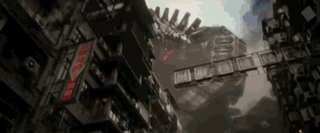 a large monster is flying over a city with a sign that says ' a ' on it