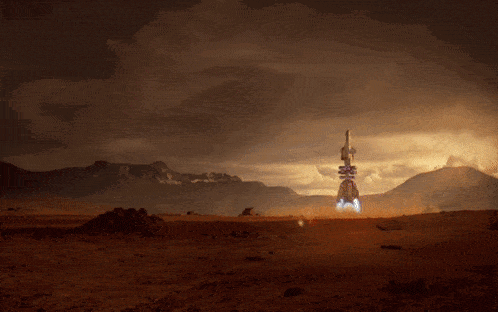 a rocket is being launched into space with the sun shining brightly in the background