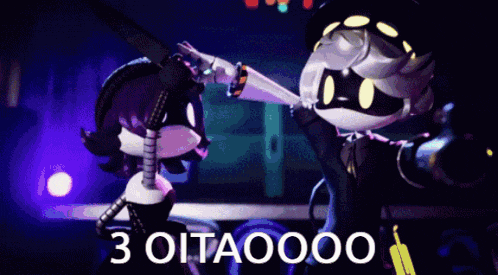 a couple of cartoon characters standing next to each other with the words 3 oitaooo written on the bottom