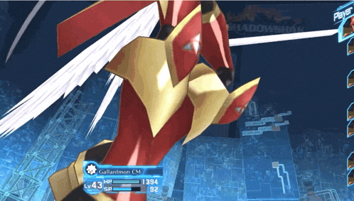 a video game character named gallardmon cm has a lv 43 hp 394 sp 92