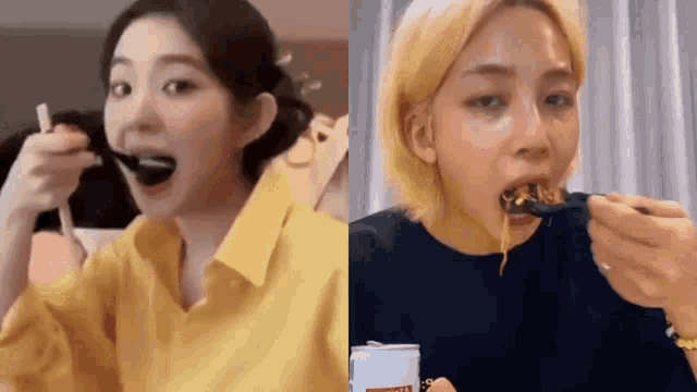 a woman in a yellow shirt is eating noodles with a fork .