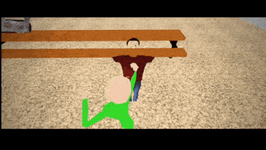 a man in a red shirt is standing under a wooden table