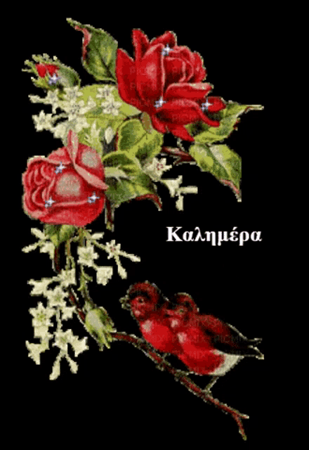 a picture of red roses and a bird with the words καλημερα below