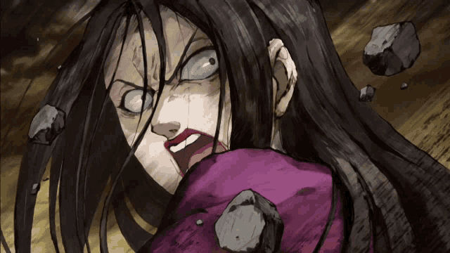 a cartoon drawing of a woman with long black hair and a purple shirt