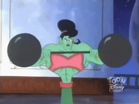 a cartoon character is lifting a barbell in front of a sign that says toon disney .
