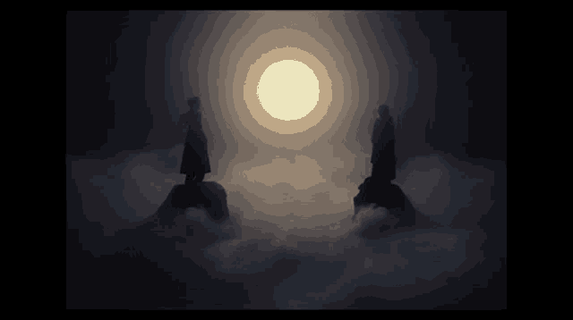 a couple of people standing in front of a full moon in the clouds