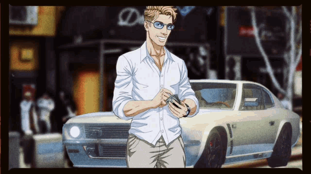 a man in a white shirt stands in front of a yellow car
