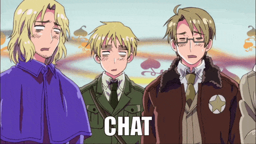 a group of anime characters standing next to each other with chat written on the bottom right