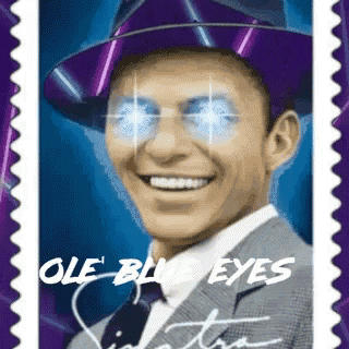 a postage stamp with a man wearing a purple hat
