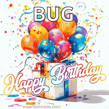 a happy birthday greeting card with balloons and confetti