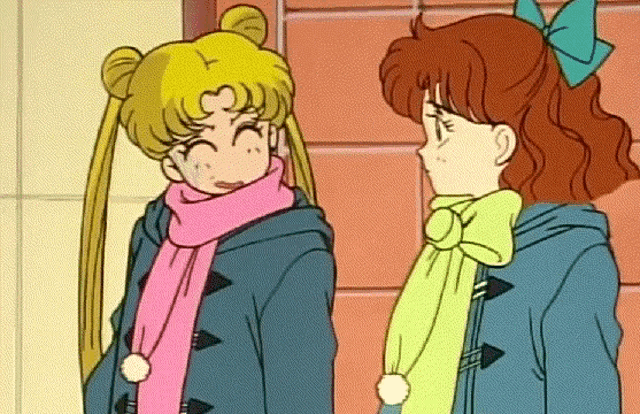 two girls are standing next to each other wearing scarves and jackets .