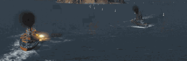 a large explosion in the middle of the ocean with a ship in the foreground