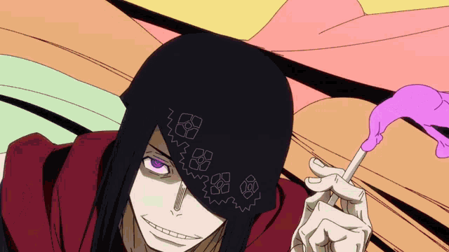 a cartoon character with purple eyes and a black hat is holding a pink object
