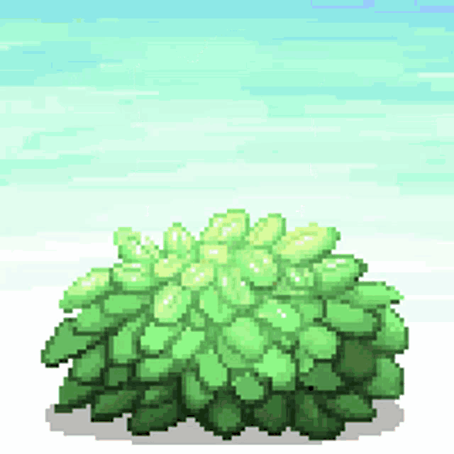 a pixel art drawing of a green plant with a blue sky in the background