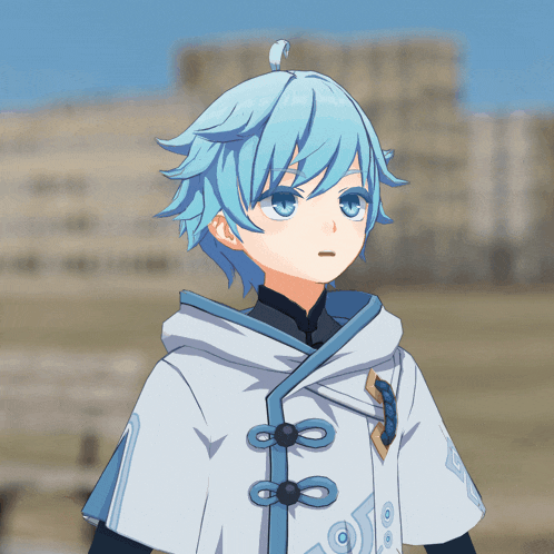 a blue haired anime character with a white coat