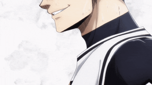 a close up of a man 's face with a smile on his face