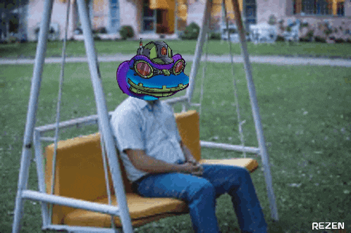 a pixel art of a man sitting on a swing with the word rezen on the bottom left