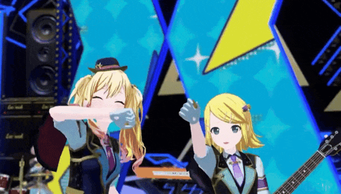 two anime girls are standing next to each other on a stage and one is holding a guitar