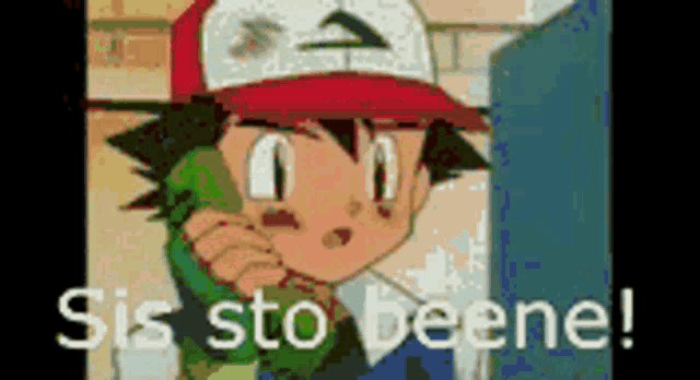 a cartoon of ash talking on a phone with the words sis sto beene written below him