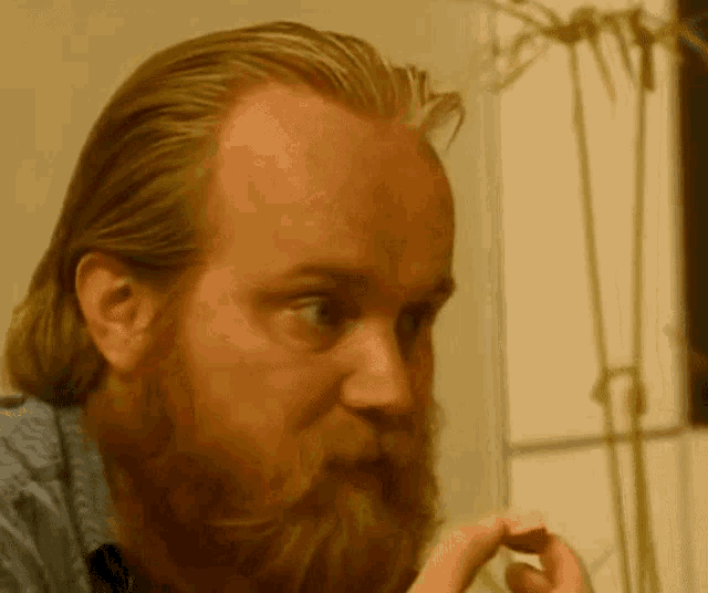 a man with a beard is looking at something