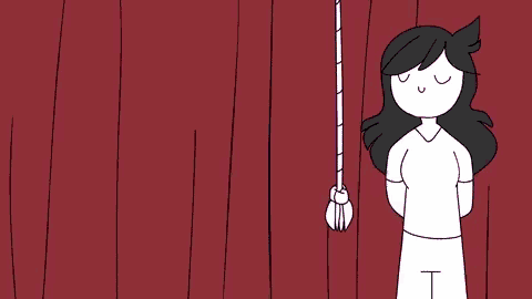a cartoon of a woman standing in front of a red curtain holding a broom .