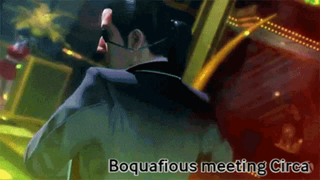 a man in a suit is standing in a room with the words boquacious meeting circa