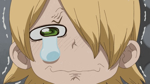 a close up of a cartoon character with a tear coming out of his nose