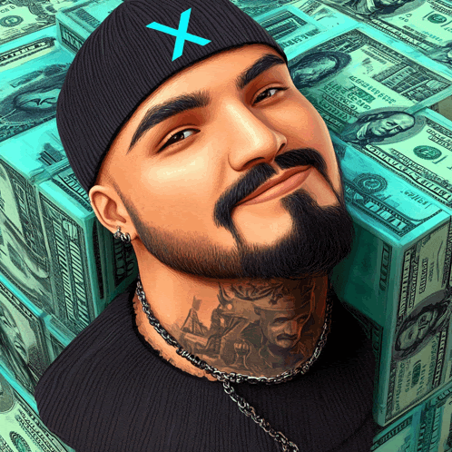 a man with a beard is standing in front of a pile of money
