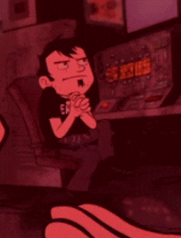 a cartoon character is sitting in a chair with his hands folded in prayer .