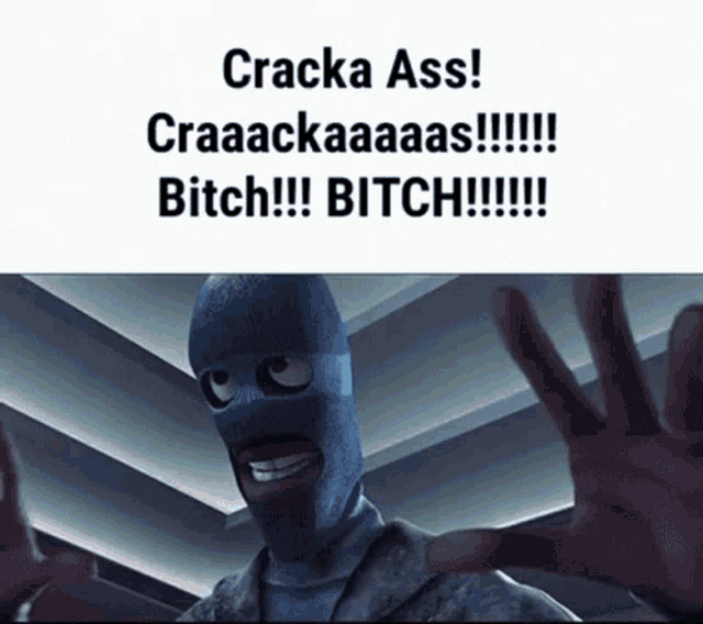 a man in a blue mask says cracka ass craaackaaaas bitch bitch !!!