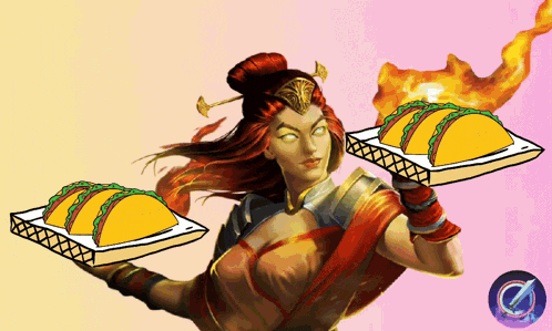 a woman with red hair is holding two tacos