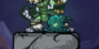 a pixel art of a person standing on top of a rock .