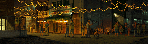 a group of people standing in front of a store that says ' cheese fried ' on it