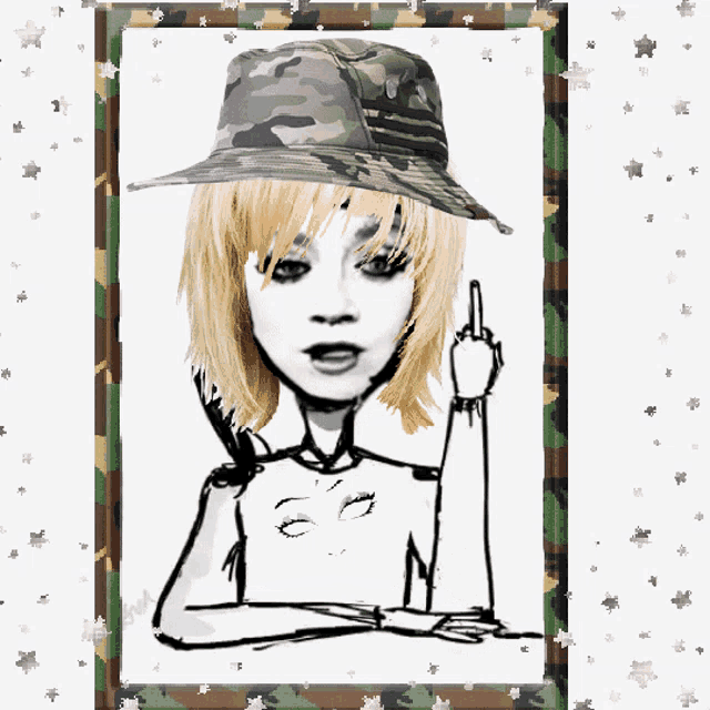 a drawing of a woman wearing a hat with a camouflage frame around it