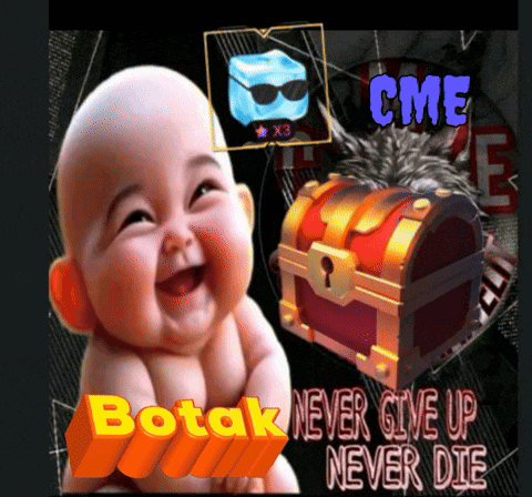 a baby is smiling next to a treasure chest and the words " botak never give up never die "